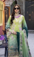 Embroidered and Digital Printed Lawn Front: 1.2yards Digital Printed Lawn Back: 1.2yards Digital Printed Lawn Sleeves: 0.62yards Embroidered Organza Daman border: 0.82 yards Embroidered Organza Sleeve Laces: 2pcs Chiffon Digital Printed Dupatta: 2.5yards Premium Cotton fabric for bottom: 2.5 meters Embroidered Trouser Bunches: 2pcs Shirt Length with border: 48”+ Shirt width: 30”+
