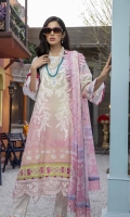 Embroidered and Digital Printed Lawn Front: 1.2yards Digital Printed Lawn Back: 1.2yards Digital Printed Lawn Sleeves: 0.62yards Embroidered Organza Daman border: 0.82 yards Chiffon Digital Printed Dupatta: 2.5yards Premium Cotton fabric for bottom: 2.5 meters Embroidered Trouser Laces: 2pcs Shirt Length with border: 48”+ Shirt width: 30”+