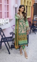 Embroidered and Digital Printed Lawn Front: 1.2yards Digital Printed Lawn Back: 1.2yards Digital Printed Lawn Sleeves: 0.62yards Embroidered Organza Sleeves laces: 2pcs Chiffon Digital Printed Dupatta: 2.5yards Premium Cotton fabric for bottom: 2.5 meters Embroidered Trouser Borders: 2pcs Shirt Length: 44”+ Shirt width: 30”+