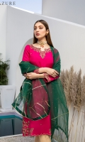 A beautifully hand-embellished cotton silk shirt in hot pink color exhibits timeless beauty. It’s gorgeously self-embellished in floral motifs with Kora, Dabka, Zardozi, and sequins on the neckline, sleeves, and inspired borders. The outfit comes with Masuri straight pants and a slightly hand-embellished Organza dupatta with lace finishing all over it add oomph to the look.