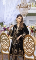 Black Velvet Shirt with Jamawaar Trouser (2pcs) Embroidered Velvet Front: 1pcs Embroidered Velvet Sleeves: 0.62yards. Velvet Back: 1yard Jamawaar Trouser Fabric: 2.5yards Shirt Height: 40”+