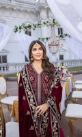 Deep Maron velvet Shirt and Velvet Shawl (2pcs) Embroidered Velvet Right Panel Embroidered Velvet Left Panel Embroidered Velvet Sleeves: 0.72yards. Velvet Back: 1yard Ready Velvet Shawl: 2.75yards Shirt Height: 40”+