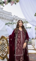 Deep Maron velvet Shirt and Velvet Shawl (2pcs) Embroidered Velvet Right Panel Embroidered Velvet Left Panel Embroidered Velvet Sleeves: 0.72yards. Velvet Back: 1yard Ready Velvet Shawl: 2.75yards Shirt Height: 40”+