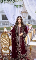 Deep Maron velvet Shirt and Velvet Shawl (2pcs) Embroidered Velvet Right Panel Embroidered Velvet Left Panel Embroidered Velvet Sleeves: 0.72yards. Velvet Back: 1yard Ready Velvet Shawl: 2.75yards Shirt Height: 40”+
