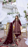 Deep Maron velvet Shirt and Velvet Shawl (2pcs) Embroidered Velvet Right Panel Embroidered Velvet Left Panel Embroidered Velvet Sleeves: 0.72yards. Velvet Back: 1yard Ready Velvet Shawl: 2.75yards Shirt Height: 40”+