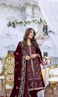 Deep Maron velvet Shirt and Velvet Shawl (2pcs) Embroidered Velvet Right Panel Embroidered Velvet Left Panel Embroidered Velvet Sleeves: 0.72yards. Velvet Back: 1yard Ready Velvet Shawl: 2.75yards Shirt Height: 40”+