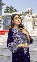 Deep Dark Purple Velvet Shirt with Jamawaar Trouser (2pcs) Embroidered Velvet Front: 1pcs Embroidered Velvet Sleeves: 0.62yards. Velvet Back: 1yard Jamawaar Trouser Fabric: 2.5yards Shirt Height: 40”+