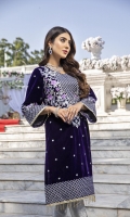 Deep Dark Purple Velvet Shirt with Jamawaar Trouser (2pcs) Embroidered Velvet Front: 1pcs Embroidered Velvet Sleeves: 0.62yards. Velvet Back: 1yard Jamawaar Trouser Fabric: 2.5yards Shirt Height: 40”+