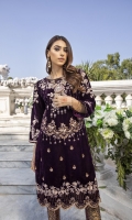 Deep Burgundy Velvet Shirt with Jamawaar Trouser (2pcs) Embroidered Velvet Front: 1pcs Embroidered Velvet Sleeves: 0.72yards. Velvet Back: 1yard Jamawaar Trouser Fabric: 2.5yards Shirt Height: 40”+