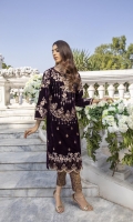 Deep Burgundy Velvet Shirt with Jamawaar Trouser (2pcs) Embroidered Velvet Front: 1pcs Embroidered Velvet Sleeves: 0.72yards. Velvet Back: 1yard Jamawaar Trouser Fabric: 2.5yards Shirt Height: 40”+