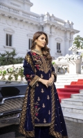 Navy Blue Velvet Shirt and Velvet Shawl (2pcs) Embroidered Velvet Front: 1pcs Embroidered Velvet Sleeves: 0.62yards. Velvet Back: 1yard Ready Velvet Shawl: 2.75yards Shirt Height: 40”+