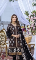 Black velvet Shirt and Velvet Shawl (2pcs) Embroidered Velvet Right Panel Embroidered Velvet Left Panel Embroidered Velvet Sleeves: 0.72yards. Velvet Back: 1yard Ready Velvet Shawl: 2.75yards Shirt Height: 40”+