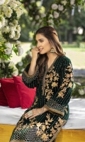 Dark Emerald Green Velvet Shirt with Jamawaar Trouser (2pcs) Embroidered Velvet Front: 1pcs Embroidered Velvet Sleeves: 0.72yards. Velvet Back: 1yard Jamawaar Trouser Fabric: 2.5yards Shirt Height: 40”+