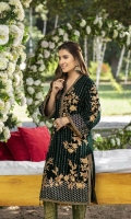 Dark Emerald Green Velvet Shirt with Jamawaar Trouser (2pcs) Embroidered Velvet Front: 1pcs Embroidered Velvet Sleeves: 0.72yards. Velvet Back: 1yard Jamawaar Trouser Fabric: 2.5yards Shirt Height: 40”+