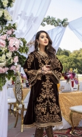 Dark Chocolate Brown Velvet Shirt with Jamawaar Trouser (2pcs) Embroidered Velvet Front: 1pcs Embroidered Velvet Sleeves: 0.72yards. Velvet Back: 1yard Jamawaar Trouser Fabric: 2.5yards Shirt Height: 40”+