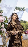 Dark Chocolate Brown Velvet Shirt with Jamawaar Trouser (2pcs) Embroidered Velvet Front: 1pcs Embroidered Velvet Sleeves: 0.72yards. Velvet Back: 1yard Jamawaar Trouser Fabric: 2.5yards Shirt Height: 40”+