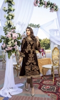 Dark Chocolate Brown Velvet Shirt with Jamawaar Trouser (2pcs) Embroidered Velvet Front: 1pcs Embroidered Velvet Sleeves: 0.72yards. Velvet Back: 1yard Jamawaar Trouser Fabric: 2.5yards Shirt Height: 40”+