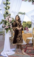 Dark Chocolate Brown Velvet Shirt with Jamawaar Trouser (2pcs) Embroidered Velvet Front: 1pcs Embroidered Velvet Sleeves: 0.72yards. Velvet Back: 1yard Jamawaar Trouser Fabric: 2.5yards Shirt Height: 40”+