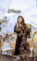 Dark Chocolate Brown Velvet Shirt with Jamawaar Trouser (2pcs) Embroidered Velvet Front: 1pcs Embroidered Velvet Sleeves: 0.72yards. Velvet Back: 1yard Jamawaar Trouser Fabric: 2.5yards Shirt Height: 40”+
