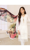 1.15M : Embroidered Self Designed Lawn Front 1M : Embroidered Front Border 1.25M : Self Designed Lawn Back 1M : Embroidered Self Designed Lawn Sleeves 2.5M : Digital printed Crinkle Chiffon Dupatta 2.5M : Dyed Cotton Trouser