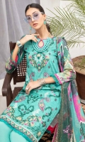 • Embroidered and Digital Printed Lawn Front • Digital Printed Lawn Back and Sleeves • Digital Printed Crinkle Bamber • Chiffon Dupatta • Dyed Cotton Trouser