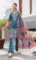 • Embroidered and Digital Printed Lawn Front • Digital Printed Lawn Back and Sleeves • Digital Printed Crinkle Bamber • Chiffon Dupatta • Dyed Cotton Trouser
