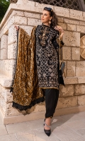 1.25m : Dyed Embroidered Front 0.75m : Dyed Embroidered Sleeves 1.25m : Dyed Embroidered Back 2.5 m : Dyed Trouser 2.25 m : Dyed Embroidered Velvet Shawl