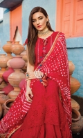 Shirt Front: Dyed Chikankari Lawn Shirt Back: Printed Lawn Sleeves: Printed Lawn Dupatta: Tradional Hand Dyed Bandhani Trouser: Dyed Cotton  EMBROIDERY: Embroidered Chikankari for Front Embroidered Gala