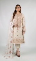 Shirt: Embroidered Lawn - 1 Meter Back: Embroidered Lawn - 1.5 Meter Dupatta: Embroidered Chiffon - 2.5 Meter Shalwar: Plain Cambric - 2.5 Meter