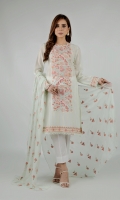 Shirt: Embroidered Lawn - 1 Meter Back: Embroidered Lawn - 1.5 Meter Dupatta: Embroidered Chiffon - 2.5 Meter Shalwar: Plain Cambric - 2.5 Meter