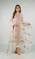 Shirt: Embroidered Lawn - 1 Meter Back: Embroidered Lawn - 1.5 Meter Dupatta: Embroidered Chiffon - 2.5 Meter Shalwar: Plain Cambric - 2.5 Meter