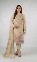 Shirt: Embroidered Lawn - 1 Meter Back: Embroidered Lawn - 1.5 Meter Dupatta: Embroidered Chiffon - 2.5 Meter Shalwar: Plain Cambric - 2.5 Meter