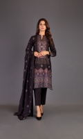 Shirt: Embroidered Lawn - 1 Meter Back: Embroidered Lawn - 1.5 Meter Slip: Lawn - 2.5 Meter Dupatta: Chiffon - 2.5 Meter Shalwar: Plain Cambric - 2.5 Meter