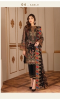 Embroidered Net Front Panel (0.34 Yard) Embroidered Net Side Panels (2) (0.32 Yards Each) Embroidered Net Back (1.00 Yard) Embroidered Net Sleeves (0.72 Yard) Embroidered Net Front Patch (1.00 Yard) Embroidered Dupatta Patch (5.75 Yards) Embroidered Net Dupatta (2.65 Yards) Dyed Silk Trousers (2.50 Yards)