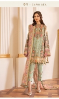 Embroidered Net Front (0.88 Yard) Embroidered Net Back (1 Yard) Embroidered Net Sleeves (0.72 Yard) Embroidered Net Sleeves Patch (1.10 Yards) Embroidered Net Front and Back Patch (2 Yards) Embroidered Net Dupatta (2.80 Yards) Dyed Silk Trousers (2.50 Yards)