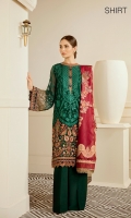 Embroidered Front (0.68 Yards) Embroidered Side Pabel (0.32 Yards) Plain Backj (1 Yard) Embroidered Sleeves (0.72 Yards) Embroidered Neckline Patch (Silk) (1 Pc) Embroidered Neckline Patch (Chiffon) (2.50 Yards) Embroidered Front and Back Patch (Chiffon) (2 Yards) Embroidered Front and Back Patch (Silk) (2 Yards) Dyed Silk Trousers (2.50 Yards) Dyed Jamawaar Duptta (2.75 Yards)