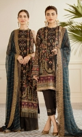Embroidered Front (0.85 Yards) Plain Jamawaar Back (1 Yard) Embroidered Sleeves (0.72 Yards) Embroidered Sleeves Patch (Silk) (1.10 Yards) Embroidered Front and Back Patch (Silk) Green (2 Yards) Embroidered Front and Back Patch (Silk) Maroon (2 Yards) Embroidered Chiffon Dupatta (2.65 Yards) Dyed Silk Trousers (2.50 Yards)