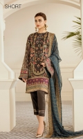 Embroidered Front (0.85 Yards) Plain Jamawaar Back (1 Yard) Embroidered Sleeves (0.72 Yards) Embroidered Sleeves Patch (Silk) (1.10 Yards) Embroidered Front and Back Patch (Silk) Green (2 Yards) Embroidered Front and Back Patch (Silk) Maroon (2 Yards) Embroidered Chiffon Dupatta (2.65 Yards) Dyed Silk Trousers (2.50 Yards)