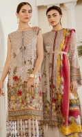 Embroidered Front (1 Yard) Embroidered Back (1 Yard) Embroidered Sleeves (0.72 Yards) Embroidered Sleeves Patch (1.10 Yards) Embroidered Front and Back Patch (2 Yards) Dyed Silk Trousers (2.50 Yards) Digital Printed Silk Dupatta (2.75 Yards)