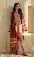 Embroidered Khaddar Front Panel  Embroidered Khaddar Side Panels (02) Plain Khaddar Back Embroidered Khaddar Sleeves  Embroidered Khaddar Sleeves Patches (03) Embroidered Khaddar Front & Back Patches (02) Embroidered Viscose Dupatta  Embroidered Dupatta Patches (04) Dyed Khaddar Trouser