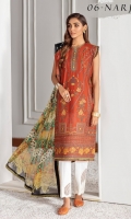 Embroidered Lawn Front Panel Embroidered Lawn Side Panel Digital Printed Back & Sleeves Embroidered Neckline Patches (02) Embroidered Front Patches (03) Embroidered Trouser Patch Digital Printed Chiffon Dupatta Dyed Cambric Lawn Trouser