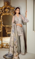 Embroidered Front Embroidered Side Panel Embroidered Sleeves Embroidered Neckline Patch Embroidered Sleeves Patch Embroidered Front and Back Patch Plain Back Silk Trousers Embroidered Trousers Patch Printed Tissue Silk Dupatta