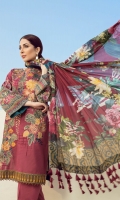 Embroidered Digital Printed Lawn Front Digital Printed Lawn Back & Sleeves Embroidered Front Border Patch Digital Printed Pure Silk Dupatta Dyed Cambric Lawn Trousers Embroidered Trousers Patch