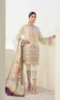 Embroidered Digital Printed Lawn Front Digital Printed Lawn Back & Sleeves Embroidered Front Border Patch Digital Printed Pure Chiffon Dupatta Dyed Cambric Lawn Trousers Embroidered Trousers Patch