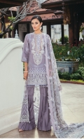 Lawn Jacquard Shirt (3.25 Yards)  Embroidered Neckline Patch (01 Pc)  Embroidered Front Patch (0.90 Yards)  Embroidered Net Dupatta (2 Yards)  Embroidered Dupatta Patches (2) (1.25 Yards Each)  Dyed Cambric Lawn Trousers (2.70 Yards)