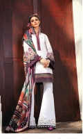 Embroidered Jacquard Lawn Front (0.95 Yards)  Embroidered Jacquard Lawn Sleeves (0.72 Yards)  Digital Printed Lawn Back (1.30 Yards)  Embroidered Sleeves Patch (1.10 Yards)  Embroidered Sleeves And Front Patch (2 Yards)  Embroidered Neckline Patch (1 Pc)  Embroidered Neckline Patch (1.25 Yards)  Printed Pure Silk Dupatta (2.70 Yards)  Dyed Cambric Lawn Trousers (2.70 Yards)  Embroidered Trousers Patch (1.10 Yards)