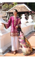 Embroidered Jacquard Lawn Front (0.95 Yards)  Embroidered Jacquard Lawn Sleeves (0.12 Yards)  Digital Printed Lawn Back (1.30 Yards)  Embroidered Sleeves Patch (1.10 Yards)  Embroidered Neckline Patch (01 Pc)  Embroidered Front Patch (01 Pc)  Printed Pure Silk Dupatta (2.70 Yards]  Embroidered Cambric Lawn Trousers (2.50 Yards)