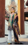 Embroidered Jacquard Lawn Front Panel (0.42 Yards)  Embroidered Jacquard Lawn Side Panels (2) (0.29 Yard Each)   Digital Printed Lawn Back (1.30 Yards)  Embroidered Jacquard Lawn Sleeves (0.12 Yards)  Embroidered Sleeves Patch (1.10 Yards)  Embroidered Neckline Patch (01 Pc)  Embroidered Front Patch (1.10 Yards)  Embroidered Front Patch (0.90 Yards)  Printed Pure Silk Dupatta (2.70 Yards)  Printed Cambric Lawn Trousers (2.70 Yards)