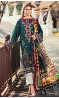 Embroidered Jacquard Lawn Front Panel (0.42 Yards)  Embroidered Jacquard Lawn Side Panels (2) (0.29 Yard Each)   Digital Printed Lawn Back (1.30 Yards)  Embroidered Jacquard Lawn Sleeves (0.12 Yards)  Embroidered Sleeves Patch (1.10 Yards)  Embroidered Neckline Patch (01 Pc)  Embroidered Front Patch (1.10 Yards)  Embroidered Front Patch (0.90 Yards)  Printed Pure Silk Dupatta (2.70 Yards)  Printed Cambric Lawn Trousers (2.70 Yards)
