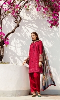EMBROIDERED SWISS LAWN FRONT PANEL EMBROIDERED SWISS LAWN SIDE PANELS (2) PLAIN SWISS LAWN BACK EMBROIDERED SWISS LAWN SLEEVES EMBROIDERED SLEEVES PATCH EMBROIDERED FRONT + BACK PATCH DYED CAMBRIC LAWN TROUSERS DIGITAL PRINTED CHIFFON DUPATTA EMBROIDERED TROUSERS PATCH